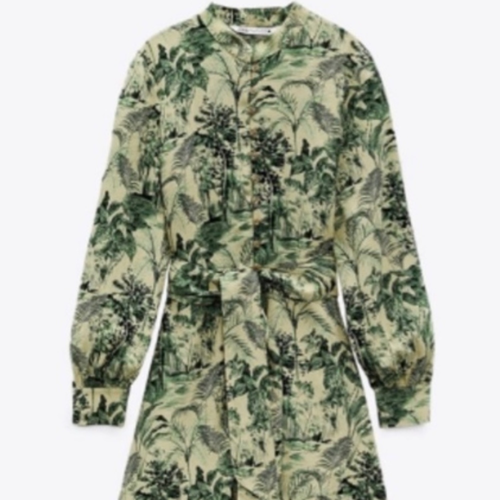 Zara nwt green leaf print long sleeve mini dress